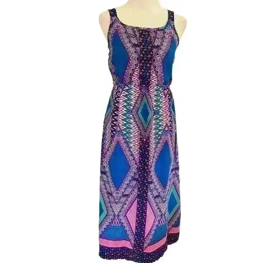 Paper Doll Maxi Sundress Size 12 Aztec Print Elastic Waist Casual Vacation Beach